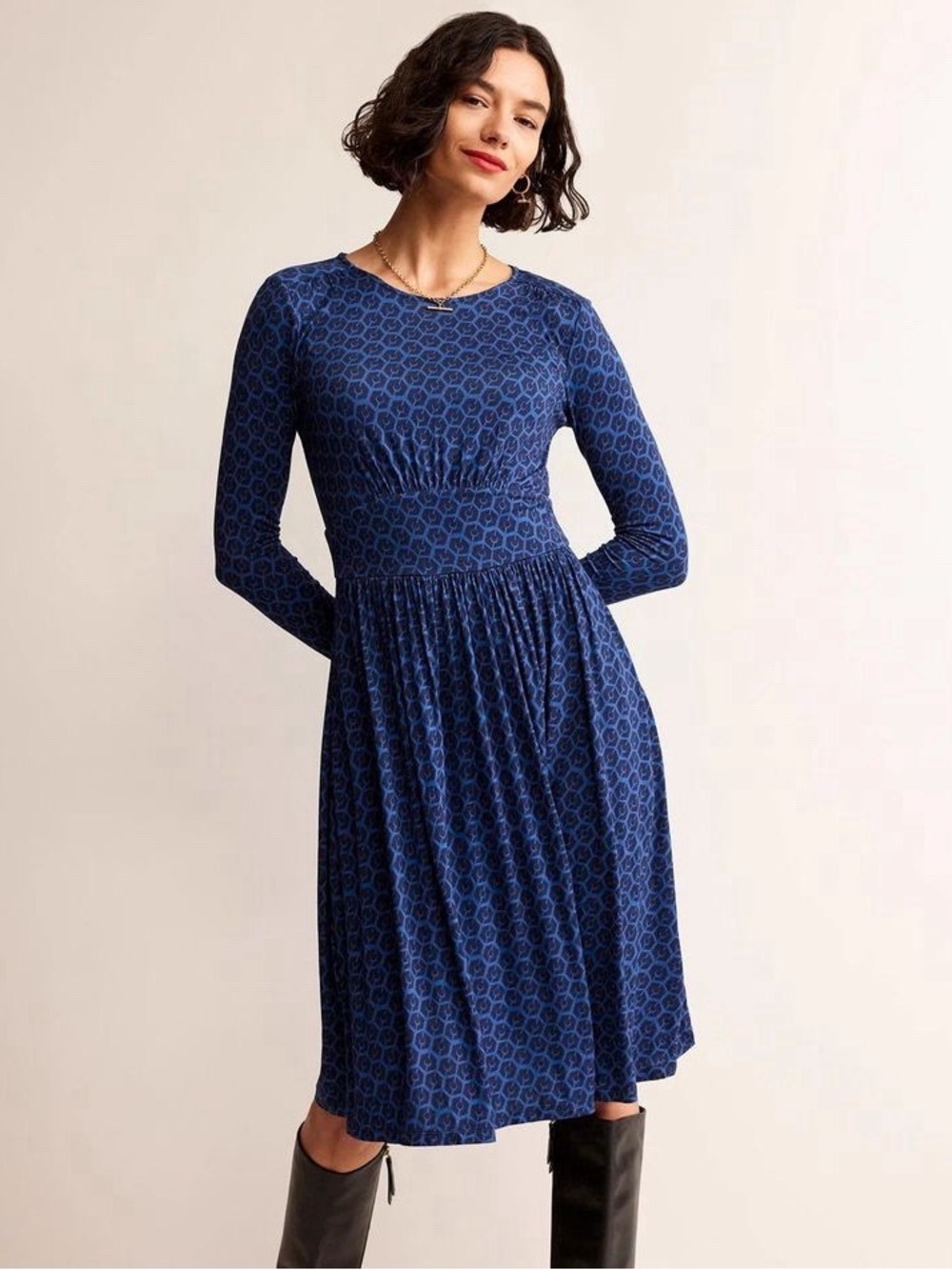 Boden Thea Long Sleeve Crew Neck Jersey Dress 2 XS blue modest office pockets